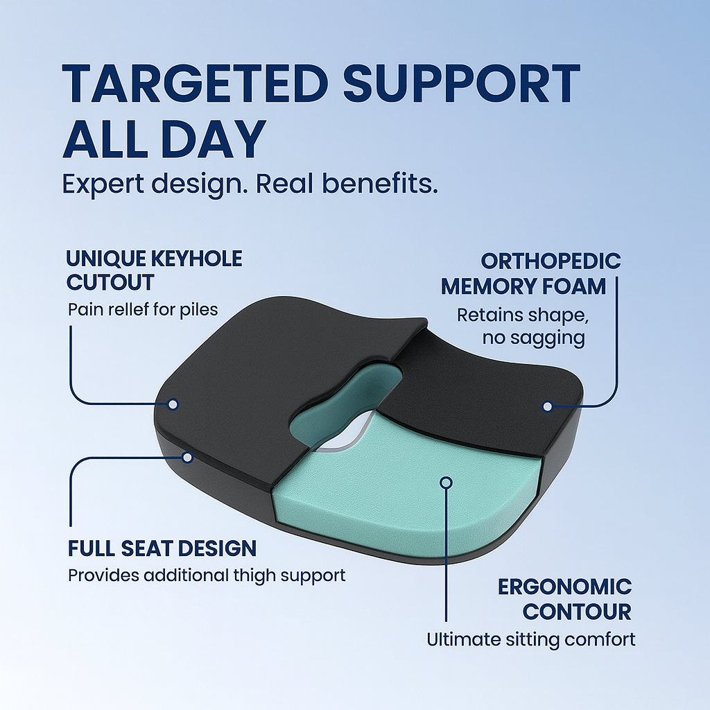 Coccyx Pillow (Black) for Tailbone & Back Pain Relief – Ergonomic Support